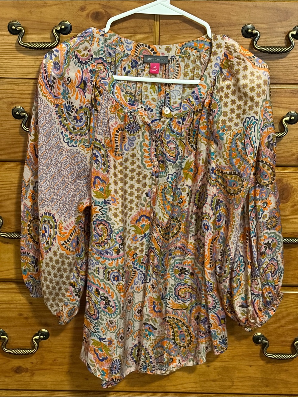 Vince Camuto Multicolor Paisley Tie-Neck Peasant Top